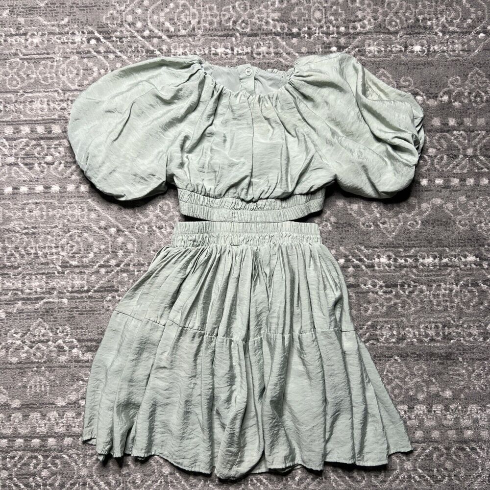 Mable Puff Sleeve Tiered Mini Dress Size Small Sage Green Davina Shirring Detail